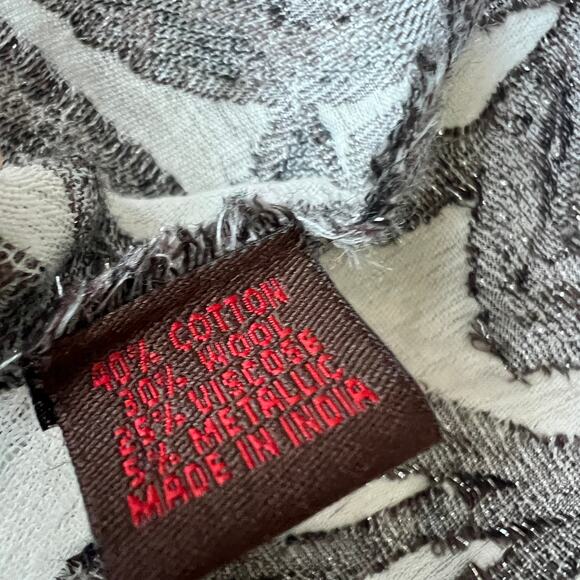 Beautiful Cream Brown Metallic Fringe Lightweight Wool Cotton Blend Scarf Wrap - Picture 5 of 6